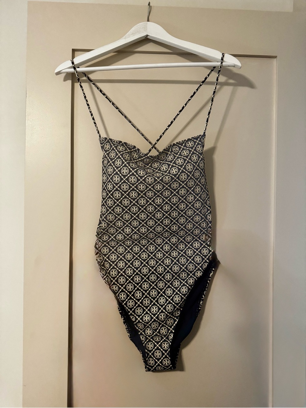 Tory Burch Black and Cream Geometric One-Piece Swimsuit